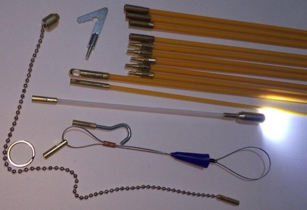

professional hand tool sets cable access kits 60cm rods with hook,rings,led light,magnet,chain puller push pull rod sanke wire