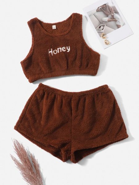 

plus letter embroidery flannel pj set y5ja#, Black;white