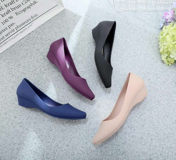 

women wedges shoes slip-on pointed toe shallow loafers ladies wedges middle heels comfort pumps boat shoes casual work shoes y1215, Black