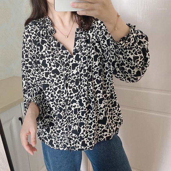 

women's heart print blouse letter v-neck bow lace-up 100% silk long lantern sleeve loose female shirt autumn 20201, White