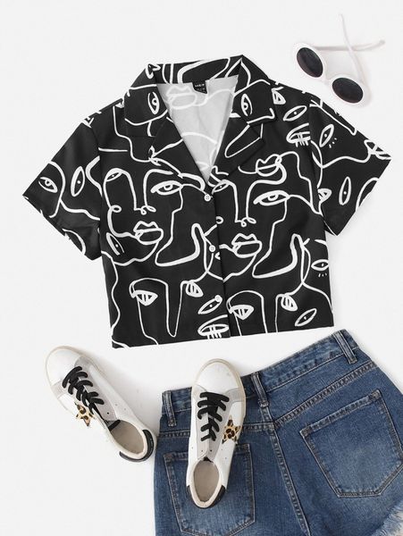 

notched collar figure graphic blouse k42w#, White