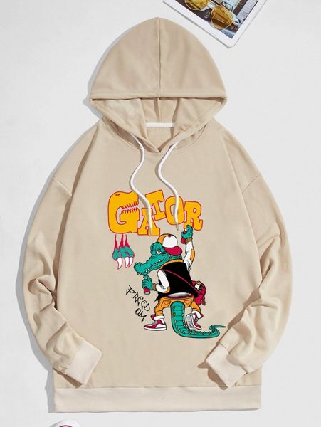 

romwe guys letter cartoon graphic drawstring hoodie 332f#, Black
