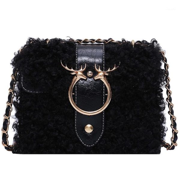 

drawstring elegant female square crossbody bag 2021 winter quality soft plush women's handbag chain shoulder messenger bag1