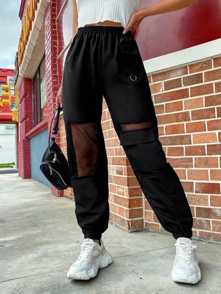 

solid mesh panel flap pocket sweatpants o9di#, Black;white