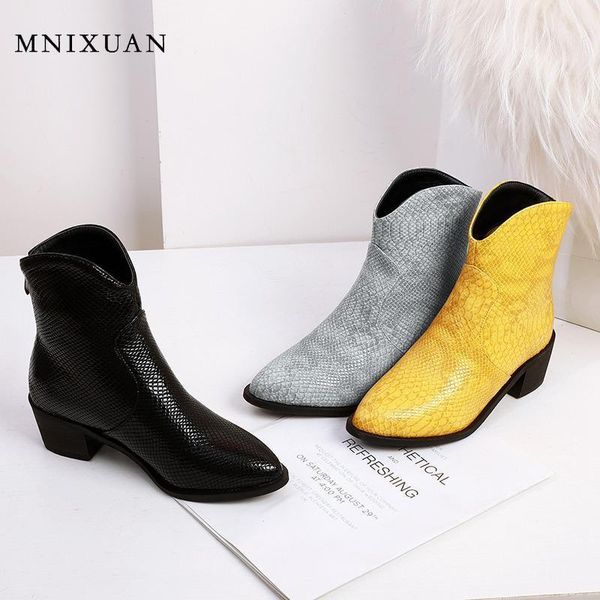 

boots mnixuan fashion 2021 pointed toe spring autumn square high heels ankle snake print block heel zipper yellow1, Black