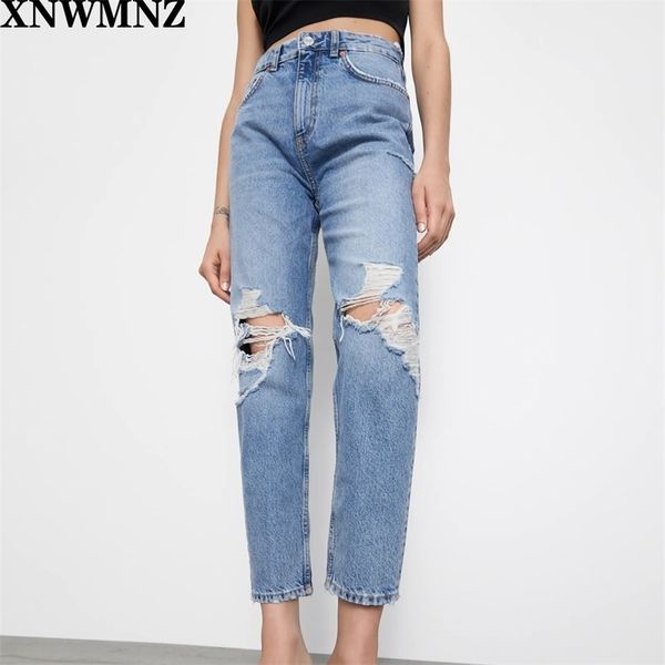 Jeans a vita alta Za Faded Caratterizzato da design a cinque tasche, dettagli strappati sul davanti e chiusura con zip e bottoni in metallo 201105