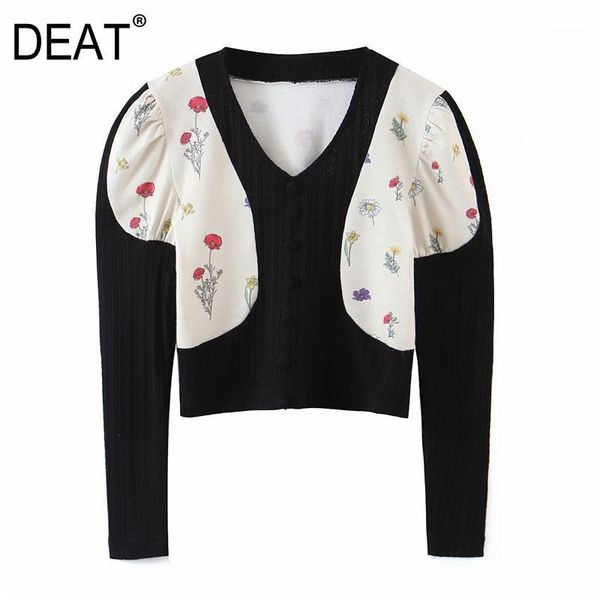 

deat] 2020 spring autumn new fashion single-breasted printing long sleeve v-neck knitting temperament women sweater 13u7481, White