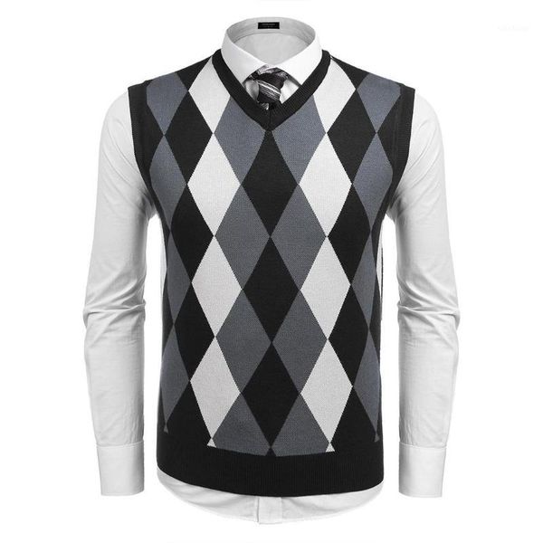 

men's vests men's v-neck sleeveless classic plaid casual slim casual, work fit knit sweater vest contrast color1, Black;white