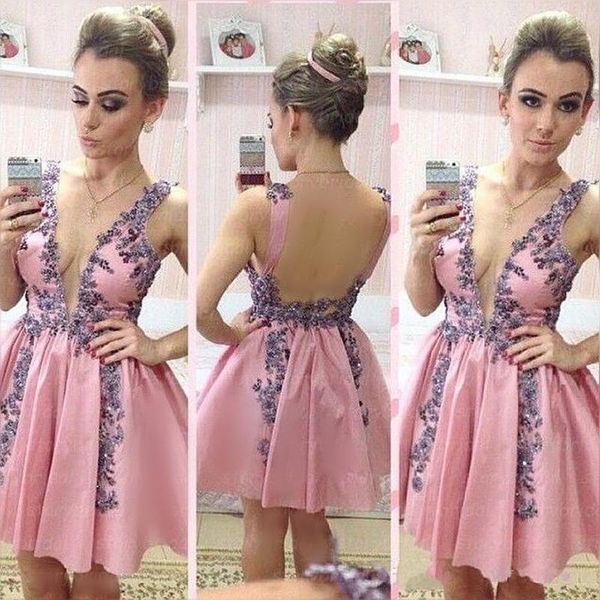 

deep v neck homecoming dresses pink satin applique beads open back short party dresses knee length prom cocktail dresses, Blue;pink