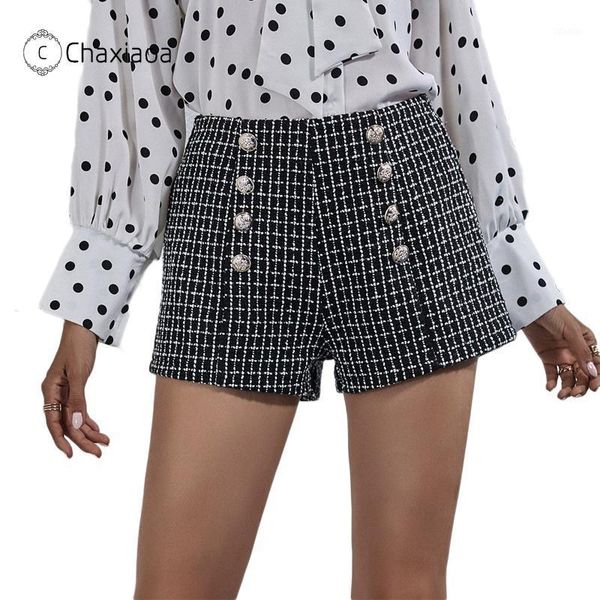 

women's shorts chaxiaoa button tweed wide-legged plaid 2021 autumn winter women fashion knitted a-line high waist x3841, White;black