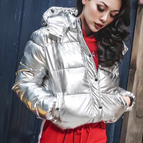 

silver stylish shiny metallic parka women thick hoodies coat winter warm overcoat jacket clothes apyl, Black