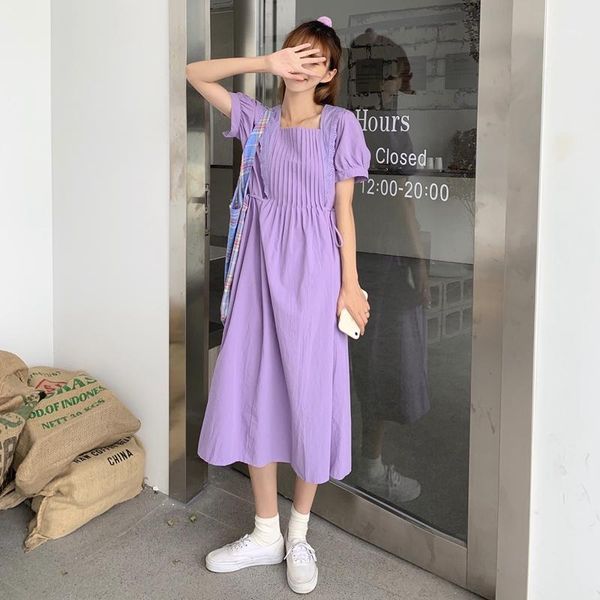 

korean style vintage girls summer dress square collar short sleeve women pleated long dress lace patchwork backless bow vestido1, Black;gray