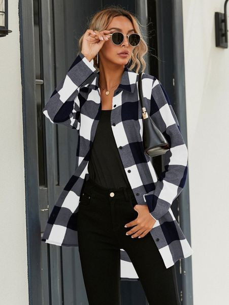 

gingham print button front high low hem blouse s4ki#, White