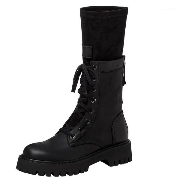 

women fashion comfortable mid calf boots women black boots female genuine leather round toe platform shoes1