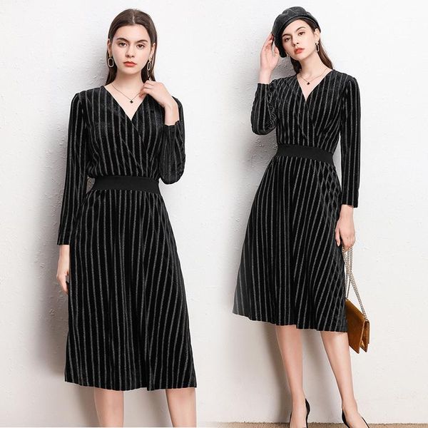 

new elegant casual fashion women black striped slim tunic dress girl lady v neck long sleeve dresses, Black;gray