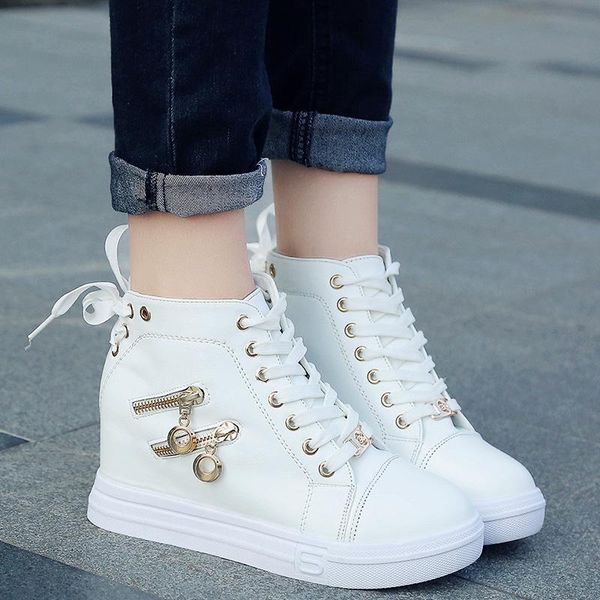 

women wedge platform rubber brogue leather lace up high heel 6 cm shoes pointed toe increasing creepers white sneakers zipper 66, Black