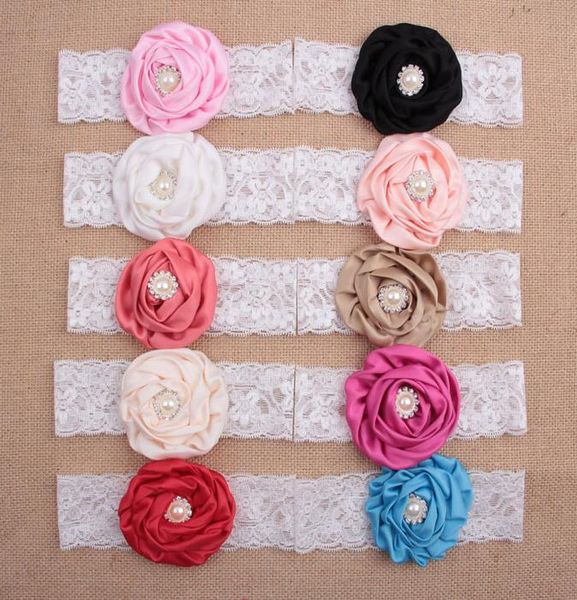 

мода роза цветок с жемчугом горный хрусталь центр детские девушки эластичные кружева головы новорожденного малыша младенческие головные убор, Slivery;white