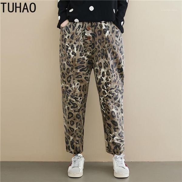 

tuhao 2020 autumn winter woman large size loose vintage pants leopard print all-match casual pants pantalones de mujer wm131, Black;white