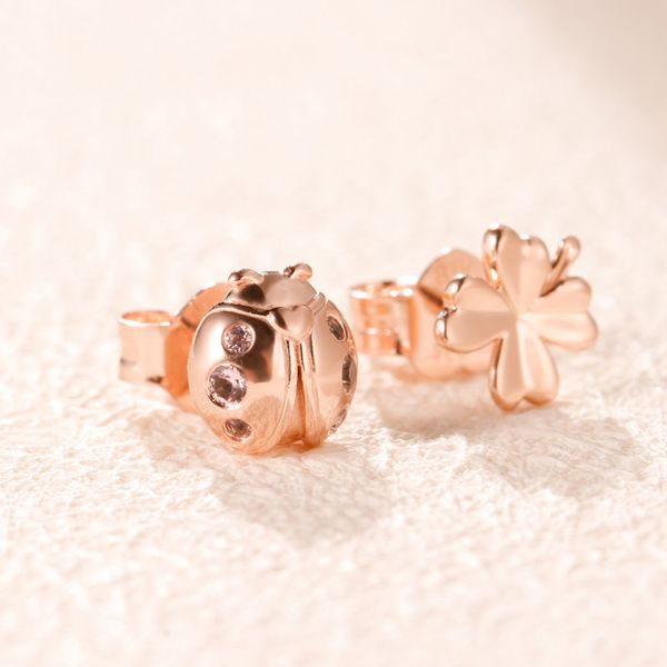 

new clover and ladybird stud earrings rose gold plated wedding jewelry for 925 silver earring with box for women, Golden;silver