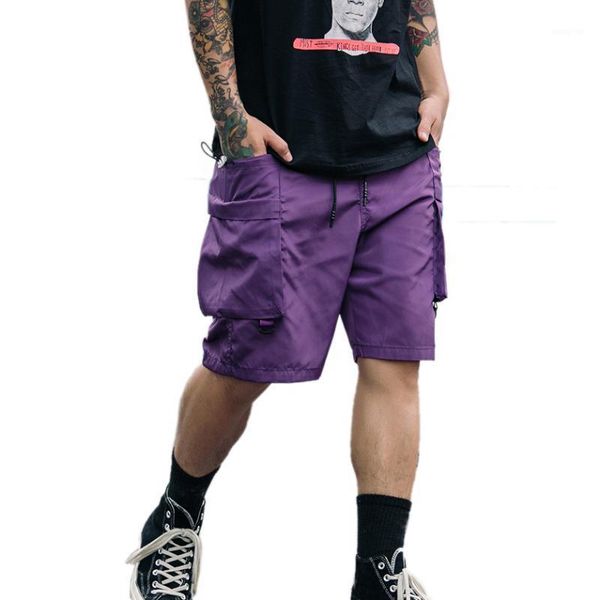 

summer mens shorts kee length loose casual purple hip hop pocket shorts men streetwear fashion elastic waist men clothing1, White;black