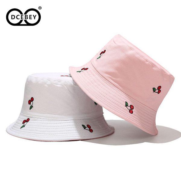 

wide brim hats dcebey 2021panama fruit cherry print flat bucket hat two side reversible fisherman for women bob spring, Blue;gray