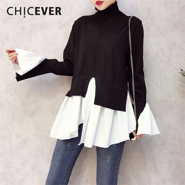 

chicever spring patchwork pullovers knitted sweater for women turtleneck flare sleeve irregular female jumper sweaters tide 201128, White;black