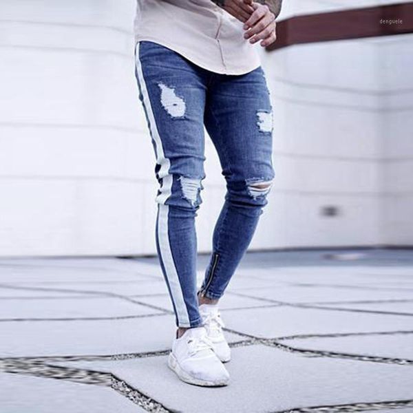 

men fashion stretch denim pants distressed ripped freyed slim fit zipper male skinny black jeans trousers1, Blue