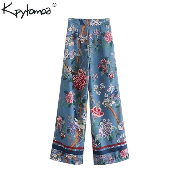 

vintage elegant floral bird print wide leg pants women fashion side zipper streetwear ladies trousers casual pantalon mujer y200418, Black;white