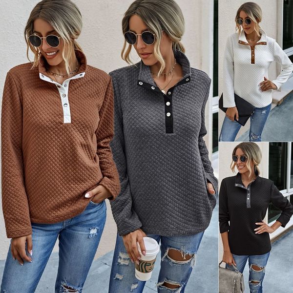 

women hoodies autumn loose long sleeve turn down collar buttons pullover sweatshirt female waffle blouse, Black