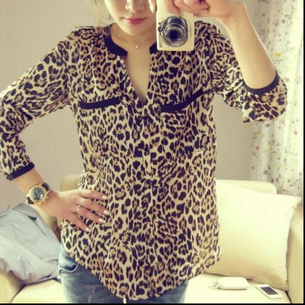 

women blouse leopard print shirt long sleeve v neck ladies loose blouses plus size chiffon shirt feminina plus size, White