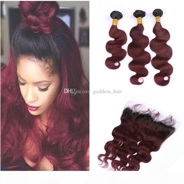

dark root wine red human hair bundles with lace frontal 1b 99j body wave hair weaves with ear to ear frontal, Black