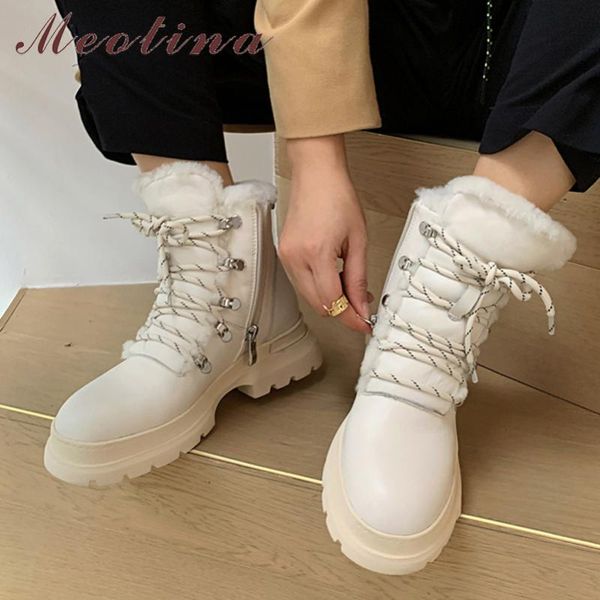 

Meotina Genuine Leather Real Wool Fur Flats Platform Snow Boots Women Zipper Cross Tied Warm Short Boots Lady Ankle Shoes, Black