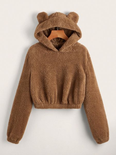 

solid 3d ear patched teddy hoodie a1ik#, White;black