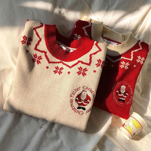 

real s2020 winter korean retro christmas snowflake long sleeve sweater versatile pullover sweater, White;black