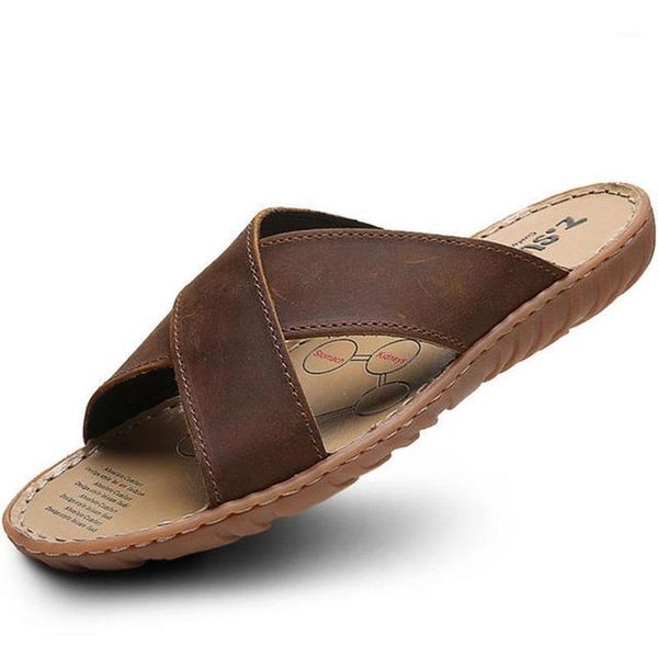 

slippers flip flops casual men genuine leather summer fashion handmade beach flops1, Black