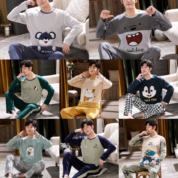 

plus size l-4xl full cotton pyjamas men pijamas para hombre long-sleeve casual sleepwear men homewear white pajamas set for male q1216, Black;white