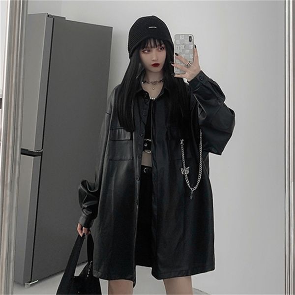 

2021 new japanese casual women moto jacket outerwear korean high street coat streetwear long sleeve black leather lacy