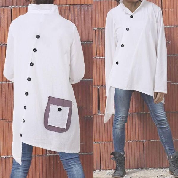 

celmia women autumn asymmetrical blouse vintage casual long sleeve solid shirts cotton linen plus size blusas feminina1, White