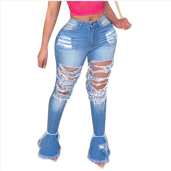 

streetwea женщины тонкие вспышки джинсы высокая талия разорванные сексуальные разрушенные рваные отверстия джинсы растягивающие карандаш брю, Blue