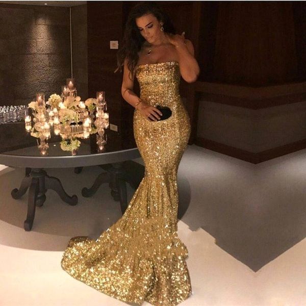 Ouro lantejoulas Mermaid Prom Vestidos sem alças Custom Made Plus Size Evening Vestidos Mulheres Formal Wear baratos Vestidos Festa