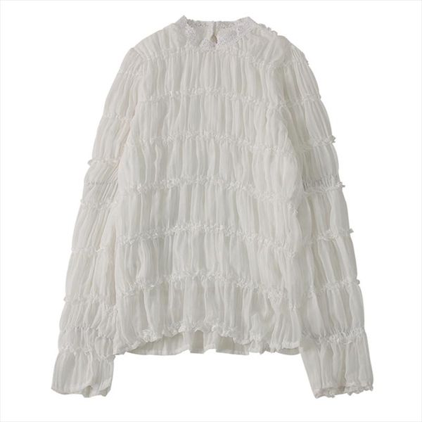 

perhaps u women beige black solid lace chiffon patchwork shirt o neck puff long sleeve blouse ins shirt spring b0723, White