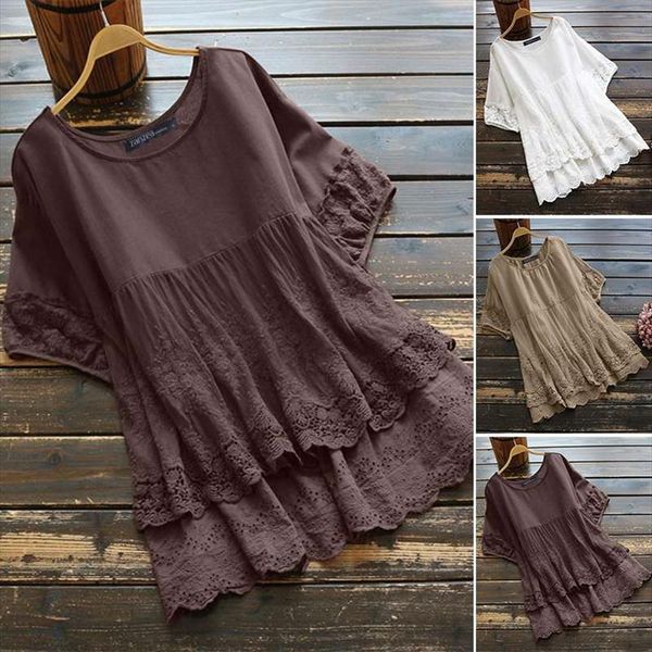 

плюс размер женской кружевной блузки 2020 zanzea вышивка рубашки с коротким рукавом сплошные блюсы женские слои summerb tunic 5xl, White