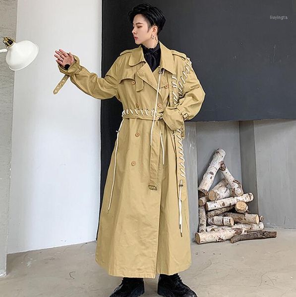 

cross bandage mens trench coats man long coat men clothes irregular double breasted overcoat long sleeve b4551, Tan;black