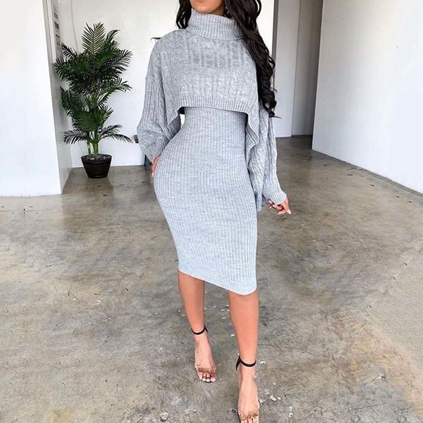 

women winter turtleneck long sleeve sweater dress fashion autumn warm bodycon plus size midi knitted dresses two piece set lady 201029, Black;gray