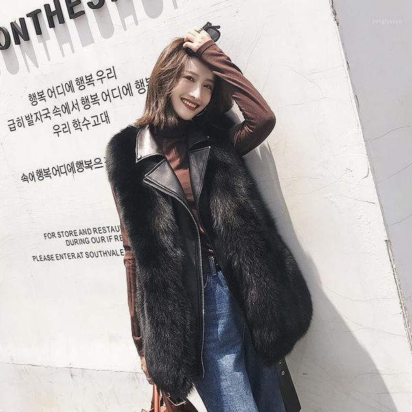 

real fur vest women natural fur waistcoat with genuine leather real gilet high street outwear rf02861, Black
