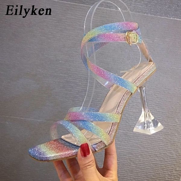 

eilyken neon color pvc clear crystal perspex cup heel ankle buckle strap rainbow elegant dress shoes summer sandals high heels y200405, Black