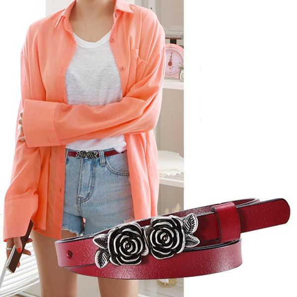 

2020 women skinny thin belts for dress jeans fashion flower buckle belt designer women's waistband women cowhide belt strap, Black;brown