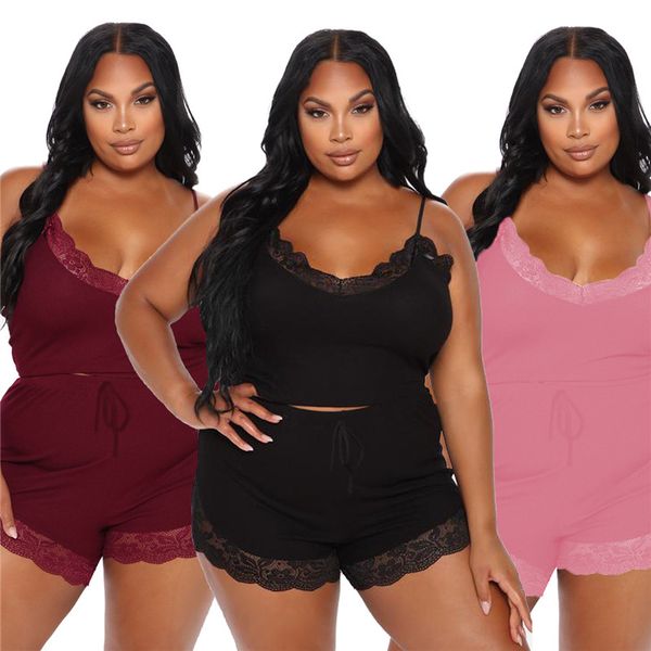 

lace panelled womens designer sleepwears spaghetti strap sleeveless short pants womens 2pcs sets casual females underwears, Black;red
