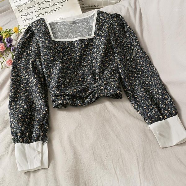 

retro floral fold short small emblazoned on women 's of autumn and winter color matching long - sleeved square neck slim blouse1, White