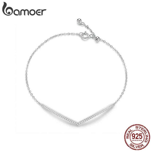 

bamoer v shape geometric silver bracelet dazzling clear cz chain bracelets for women 925 sterling wedding jewelry scb137, Golden;silver